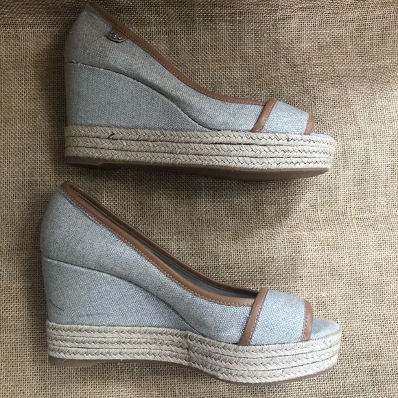 TORY BURCH Majorca Espadrille Wedge Sz 7.5/38 Peep Toe Beige Silver - Picture 8 of 10